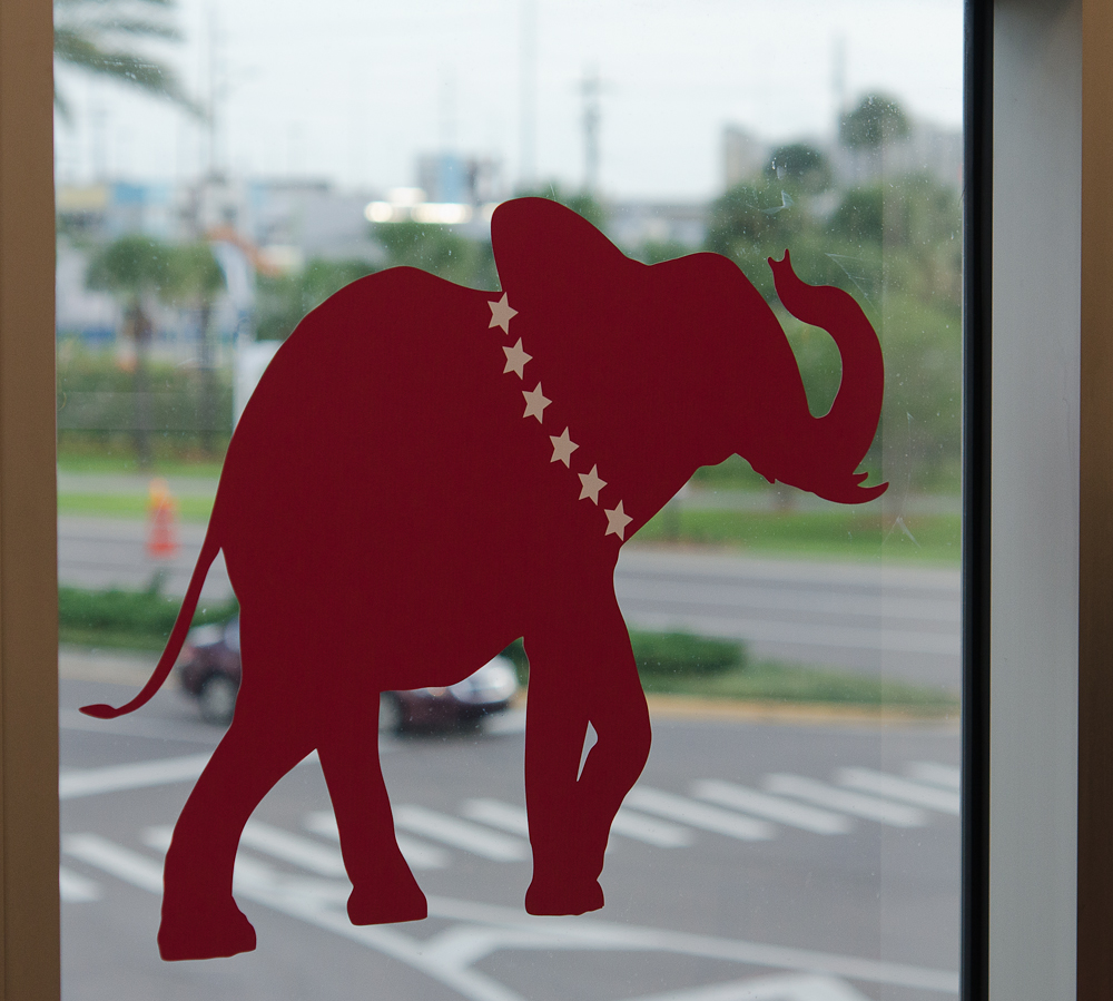 Solid red Republican elephant symbol with white stars on a window at the 2012 Republican National Convention