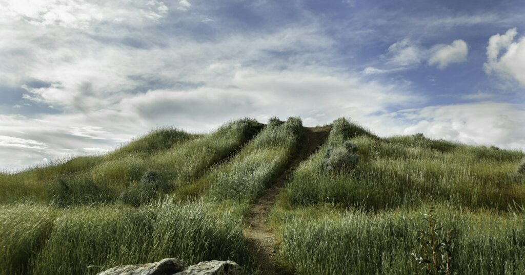 Dirt trail climbing a grassy hill toward the sky